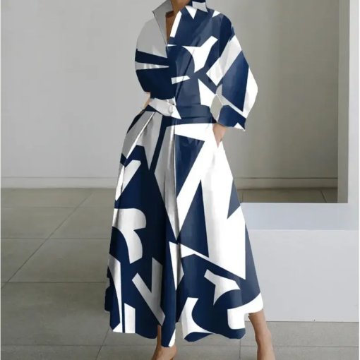 Robe Longue Géométrique Bleu & Blanc