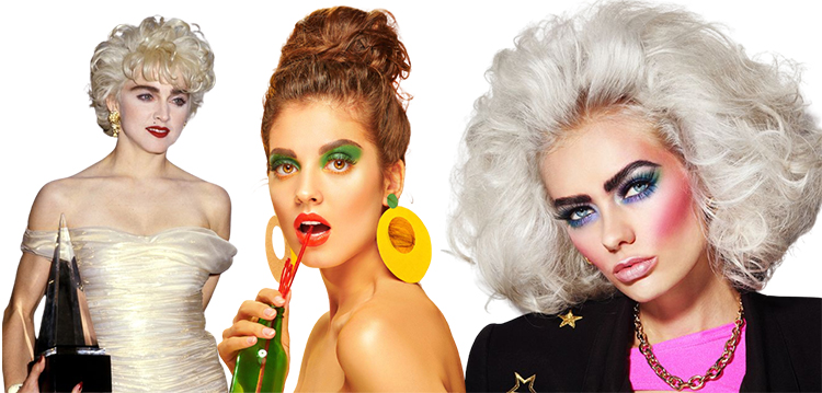 Icônes maquillage années 80 – Ombres à paupières vertes, blushs roses marqués, coiffures volumineuses et accessoires XXL
