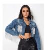 Veste jean courte frangée femme