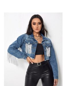 Veste jean courte frangée femme