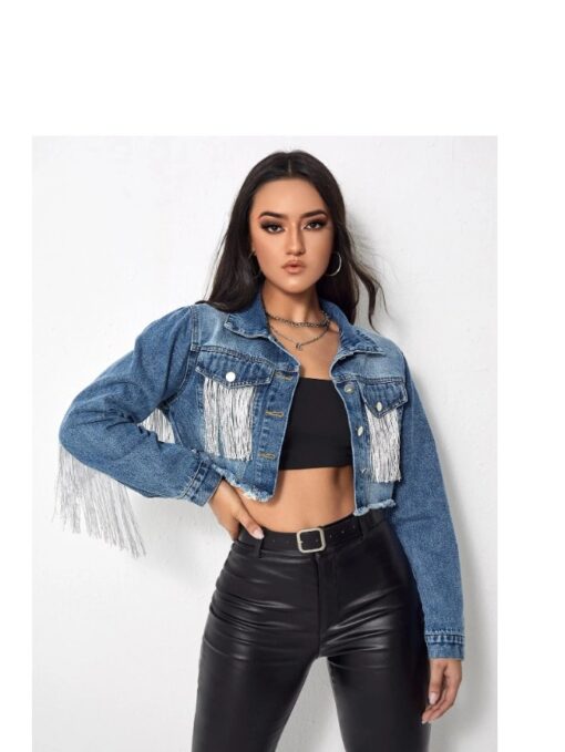 Veste jean courte frangée femme