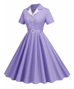 vue de profile de la Robe vichy lilas à ceinture rétro