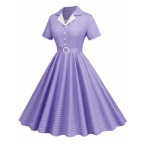 vue de profile de la Robe vichy lilas à ceinture rétro