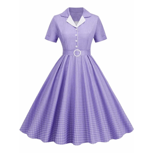 Robe vichy lilas à ceinture rétro