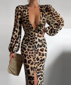 Robe léopard sexy à manches longues