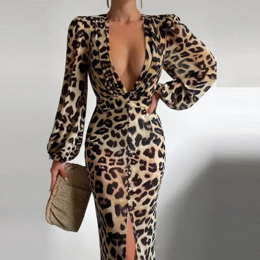 Robe léopard sexy à manches longues
