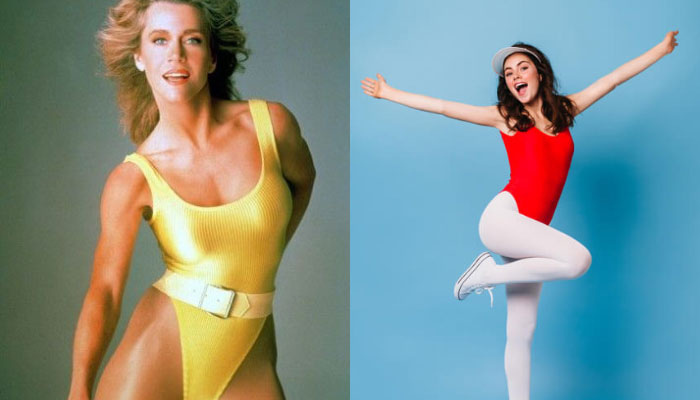 Deux femmes en justaucorps de sport inspirés des années 80 : l’une en body jaune ceinturé à échancrure haute, l’autre en justaucorps rouge avec collants blancs et visière, posant sur fond bleu avec une attitude joyeuse et dynamique.
