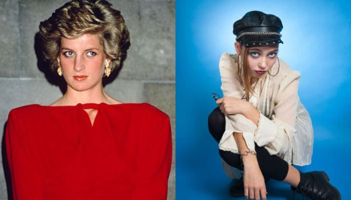 À gauche, femme vêtue d’une robe rouge à larges épaulettes dorées, coiffure volumineuse et boucles d’oreilles élégantes ; à droite, jeune femme en look rebelle avec béret en cuir, blouse ample et boots, sur fond bleu – deux visions du style féminin des années 80.