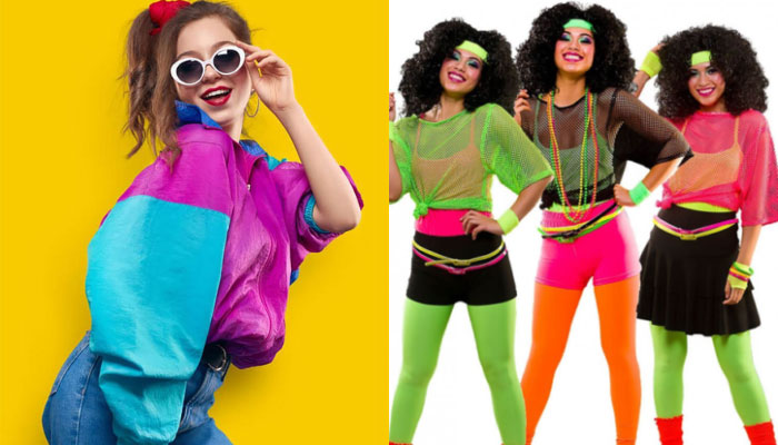 Jeunes femmes en tenues néon inspirées des années 80, avec vestes color block, lunettes blanches, justaucorps fluo, leggings verts et orange, filets transparents et accessoires rétro sur fonds colorés, incarnant l’énergie pop et excentrique de la décennie.
