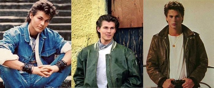 Trois hommes portant des vestes emblématiques des années 80 : veste en jean avec manches retroussées, blouson bomber vert kaki et veste en cuir marron, symboles du style masculin rétro et rebelle de la décennie.
