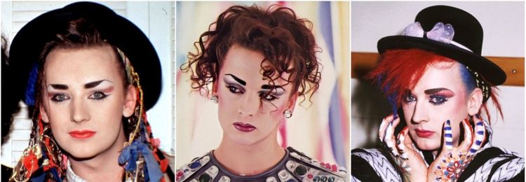 Trois portraits d’un homme au maquillage expressif et aux tenues extravagantes des années 80, avec chapeaux stylisés, sourcils dessinés, bijoux, et vêtements iconiques du courant new romantic.