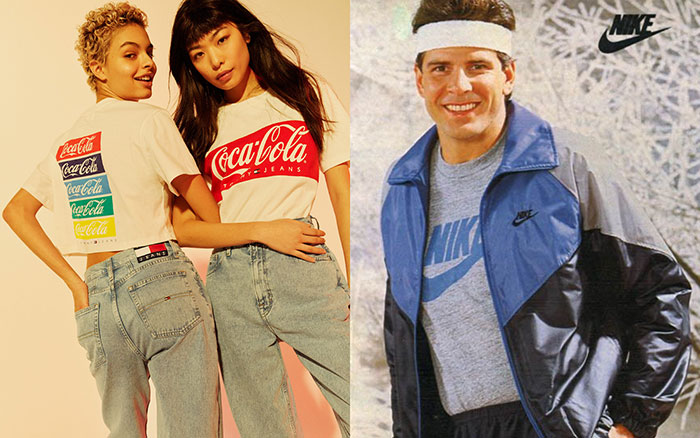 Deux femmes portant des jeans taille haute et des t-shirts Coca-Cola imprimés, aux côtés d’un homme en survêtement Nike bleu et gris avec bandeau, représentant le style streetwear et sport des années 80.
