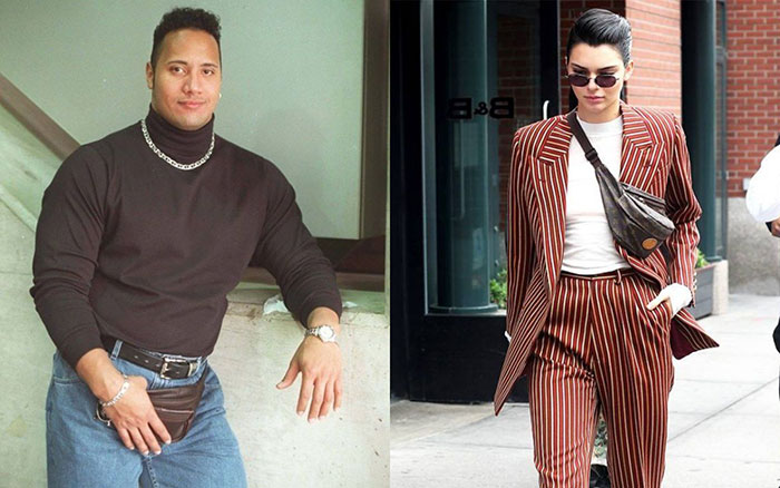 Un homme en col roulé et jean taille haute avec banane en cuir marron des années 80, et une femme en costume rayé moderne portant une banane en bandoulière, illustrant le retour tendance de cet accessoire vintage.