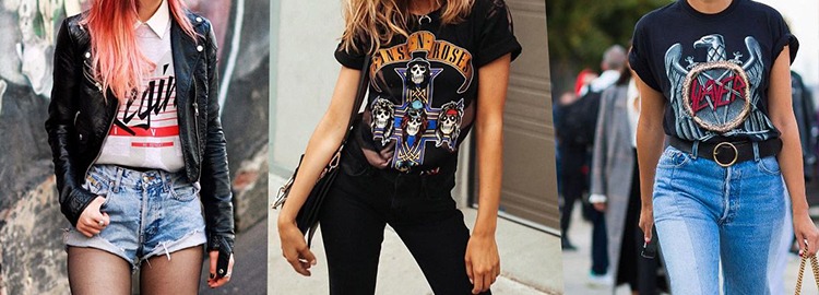 Looks rock années 80 pour femme – T-shirts de groupes, lunettes noires, jeans taille haute et veste en cuir