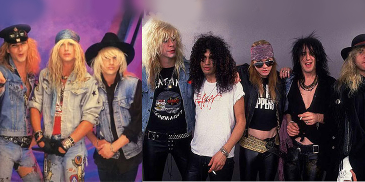 Groupes rock années 80 – Looks glam metal avec jeans déchirés, vestes en denim, bandanas et t-shirts de groupes