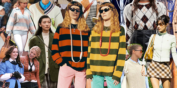 Style preppy années 80 – Pulls à rayures, jupes plissées, motifs argyle et looks universitaires rétro pour femme