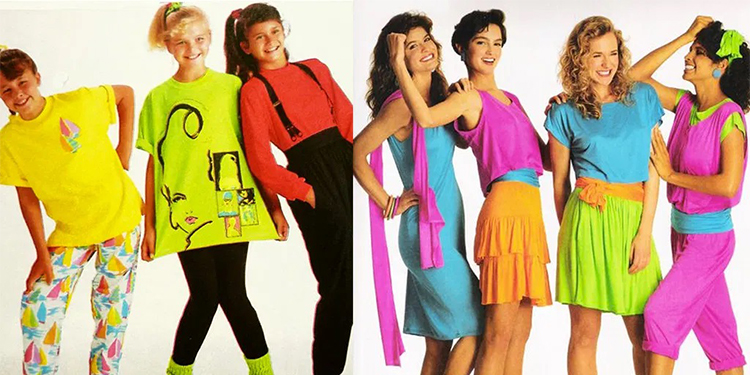 Tenues fluo années 80 – Mode colorée pour femmes et enfants avec leggings, jupes plissées et t-shirts oversize rétro