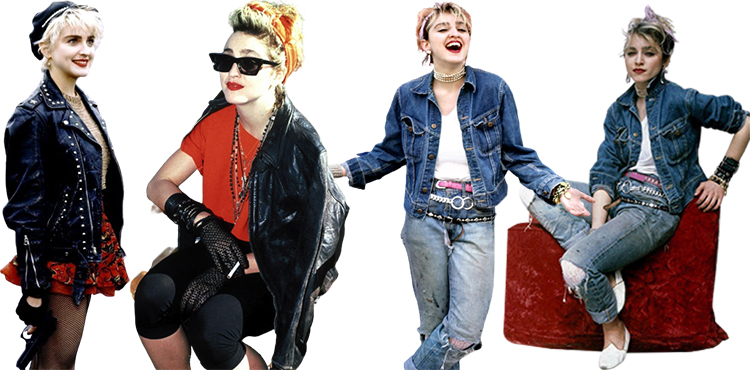 Madonna en veste en cuir cloutée, t-shirt rouge et total look denim déchiré