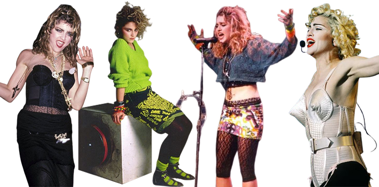 Madonna en bustier noir, pull fluo, jupe imprimée et corset conique