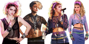 Madonna avec style provocant en dentelle transparente, bijoux croix et accessoires punk
