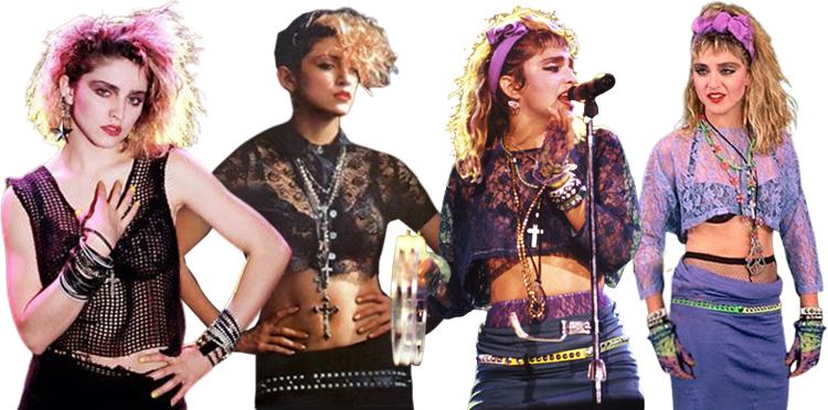 Madonna avec style provocant en dentelle transparente, bijoux croix et accessoires punk