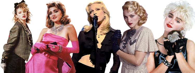 Madonna avec tenues glam, robe rose, micro et gants noirs