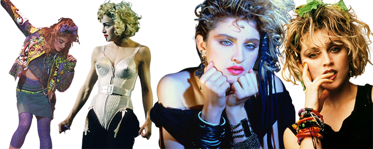 Madonna avec bustier iconique, vestes colorées et bracelets empilés