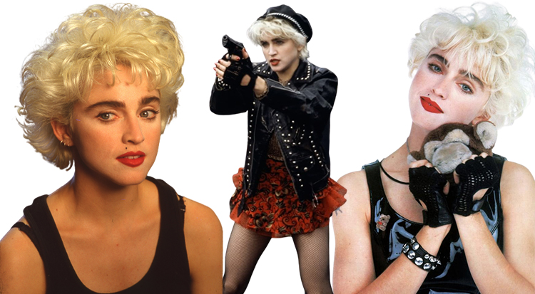 Madonna en robe rouge à volants, gants cloutés et cheveux blonds bouclés