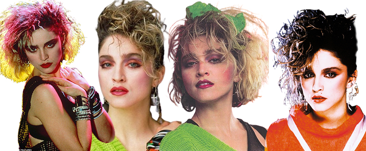 Madonna avec blush rose accentué, lèvres rouges et coiffure bouclée