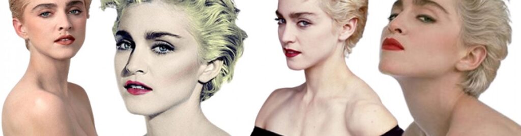 Madonna avec coupe courte blond platine coiffée vers l’arrière