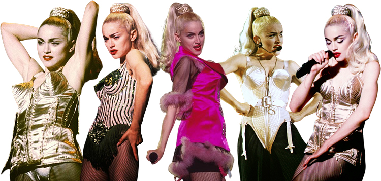 Madonna avec longue queue-de-cheval blonde et coiffure tirée en hauteur
