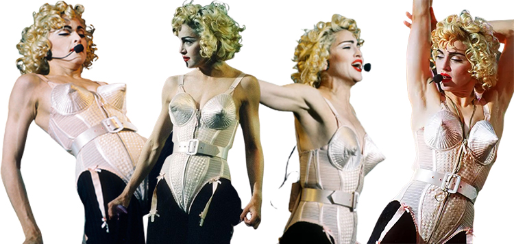 Madonna avec coiffure bouclée courte façon Marilyn sur scène