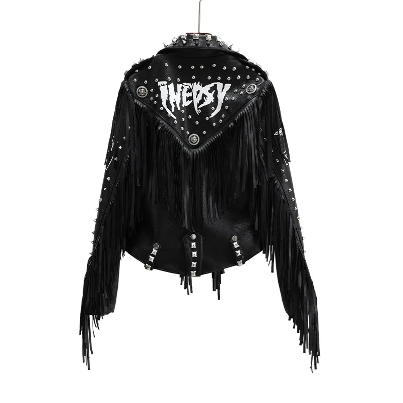 une Veste année 80 rock noir à franges