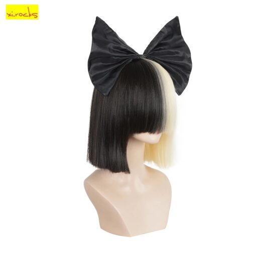 Perruque Carré Bicolore Noire et Blonde avec Nœud