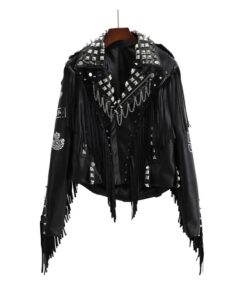 Veste année 80 rock noir à franges