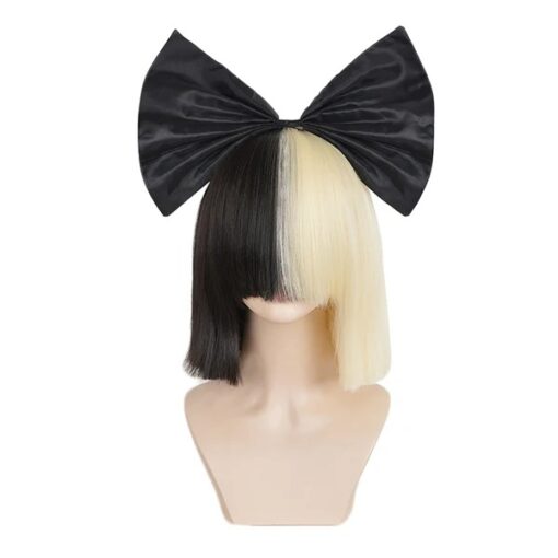 Perruque Carré Bicolore Noire et Blonde avec Nœud