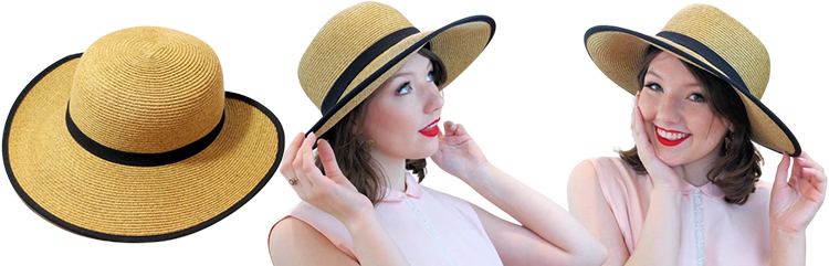 Chapeau de paille été style années 80 avec ruban noir