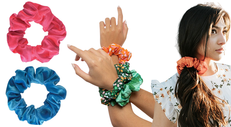 Chouchous colorés années 80 portés aux cheveux et au poignet