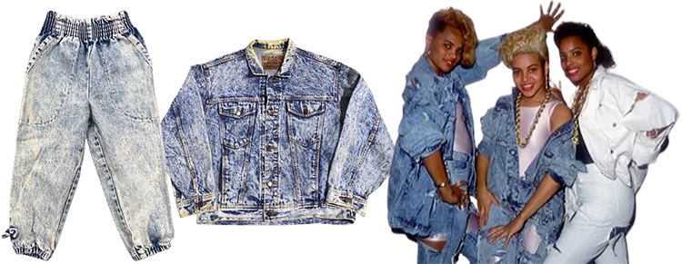 Tenues en jean délavé typiques des années 80 avec veste oversize et pantalon loose